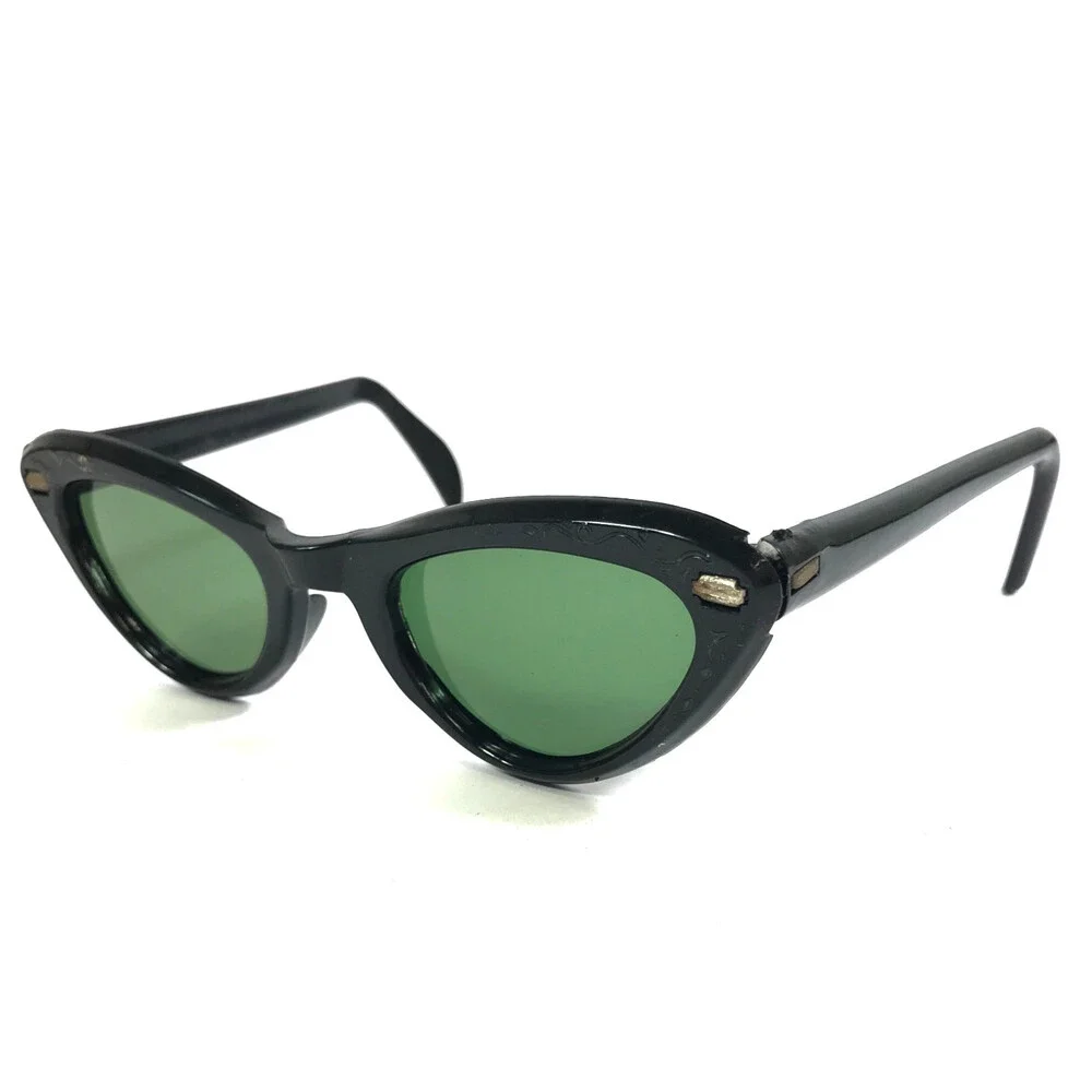 Vintage Sunglasses Shiny Black Floral Frames with Green Glass Lenses 48-24-125
